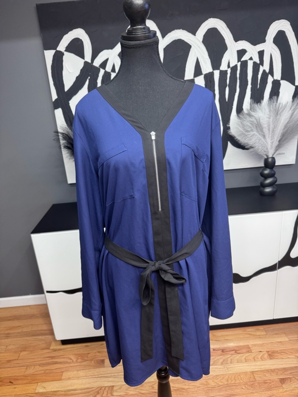 Express Blue Dress XL Black Trim Belted Women's Classic Workwear Elegant